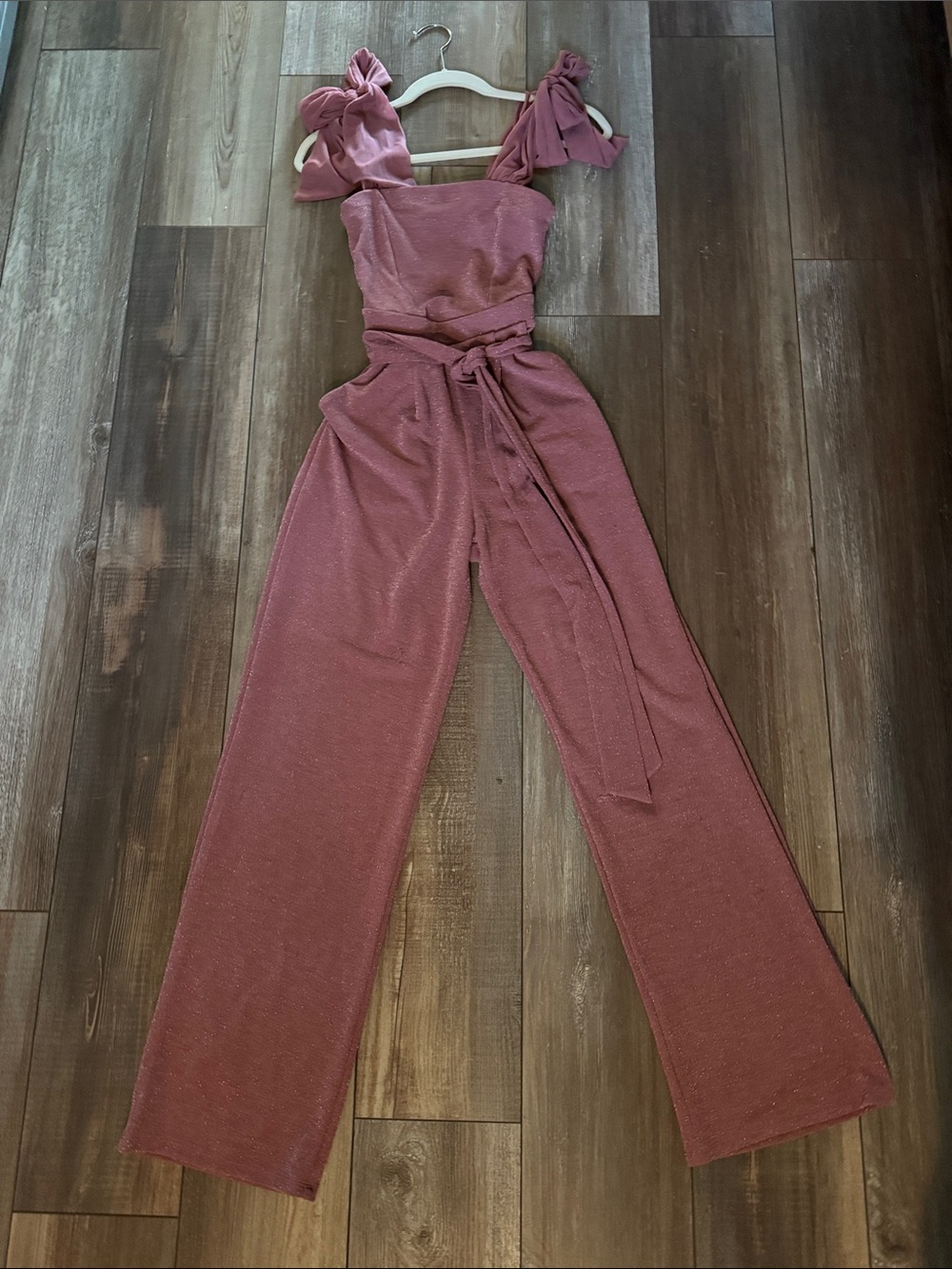 Tie-Shoulder Sparkle Jumpsuit in Mauve